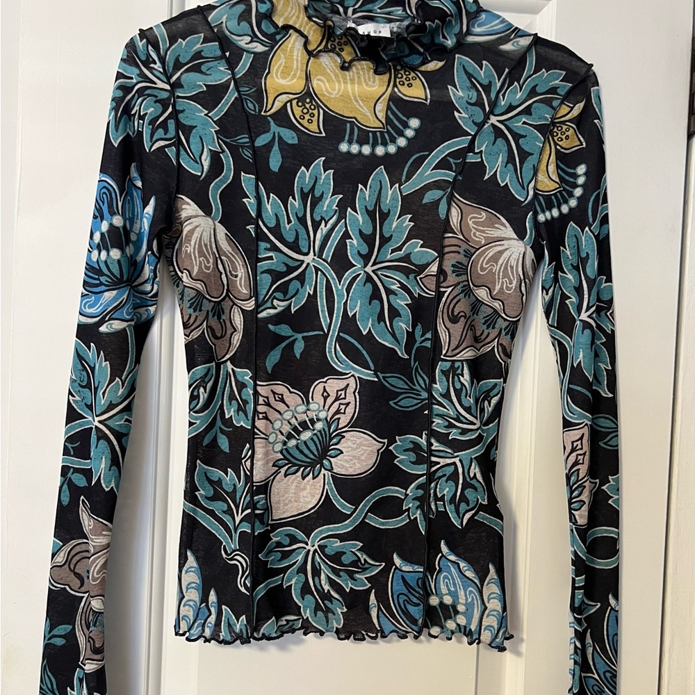 Topshop Black and Blue Floral High Neck Long Sleeve Top